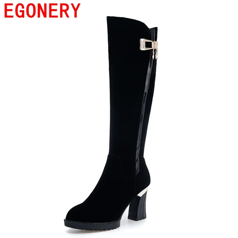 

EGONERY knee high boots high flock quality round toe skid resistance warm winter side zipper convenient string bead women boots