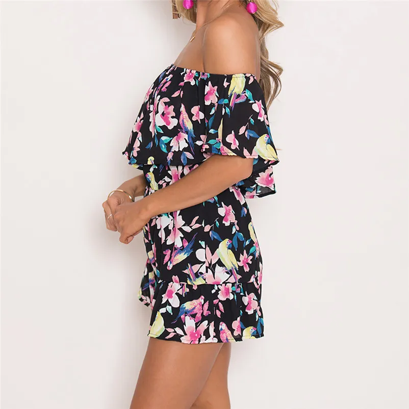 Fashion summer jumpsuit woman 2018 Off Shoulder Floral Bird Print Mini Playsuit Ladies Shorts Bodysuit pantaloni siamesi J21#N (3)