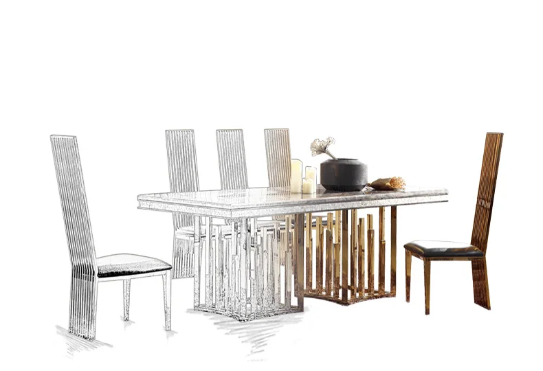 minimalist modern designer unique new stainless steel golden dining room set with marble table and leather chairs(1+4 chairs)