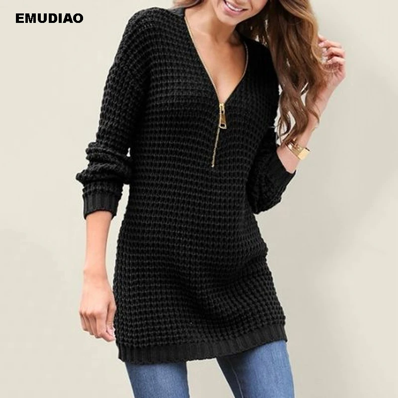 Sweater Woman Winter 2019 Autumn Solid Long Sleeve Zipper V