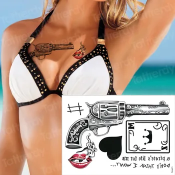 

waterproof temporary tattoos gun poker stickers guns n roses tattoo black transfer tattoo sexy lip letters tatoo halloween women