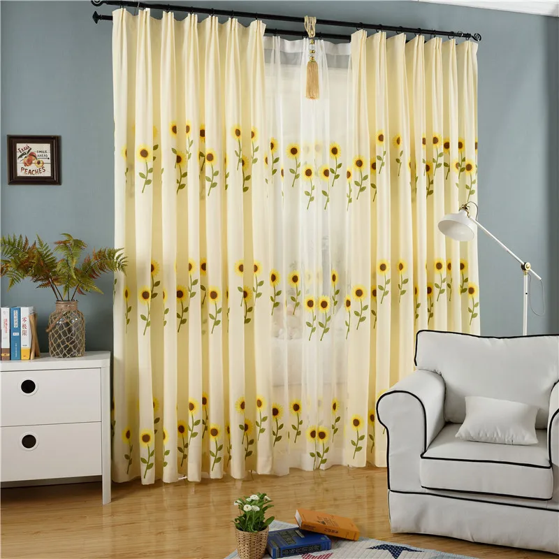 Pastoral Beige Yellow Sunflower Rose Shading Curtains for Living Room