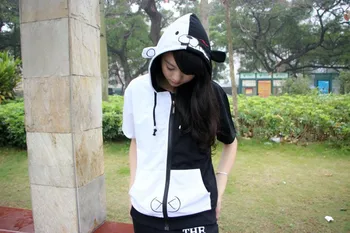 

Short Sleeves COSPLAY Academy Anime Peripheral Black and White Bear Hoodie Autumn and Open Chain Coat