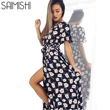 Saimishi Size S XL Bohemian Style Floral Printed Deep V Dress Self Belted High Split Short