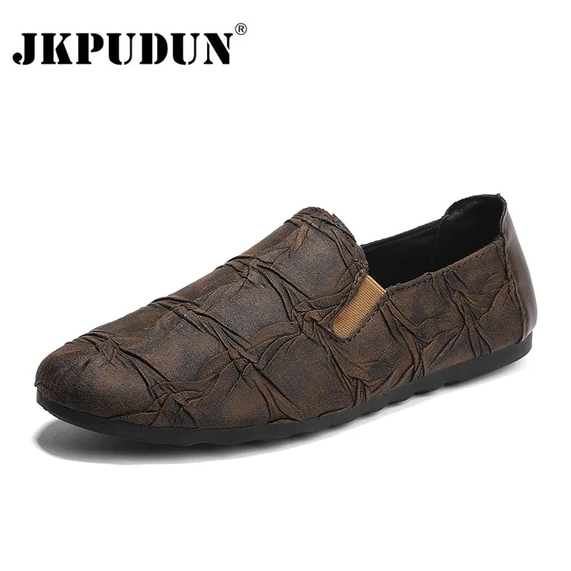 

JKPUDUN Men Casual Shoes Luxury Brand 2018 Italian Fashion Men Loafers Soft Leather Mens Lazy Boat Shoes Slip On Moccasins Flats