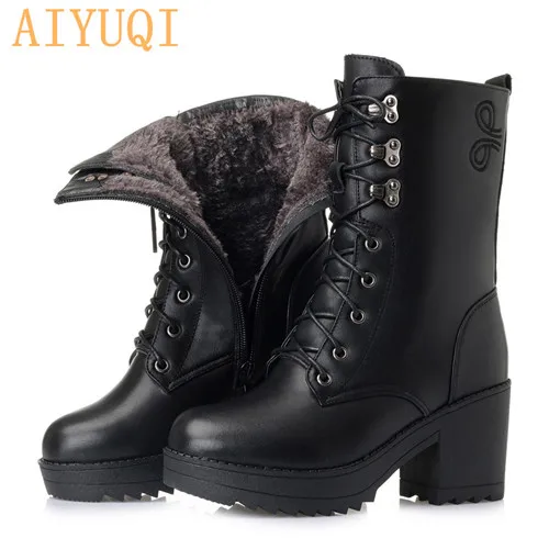 Женские зимние ботинки AIYUQI размера плюс; Новинка года; военные ботинки из натуральной кожи; женские зимние ботинки; женские Ботинки martin с резиновой шерстью - Цвет: black fluff