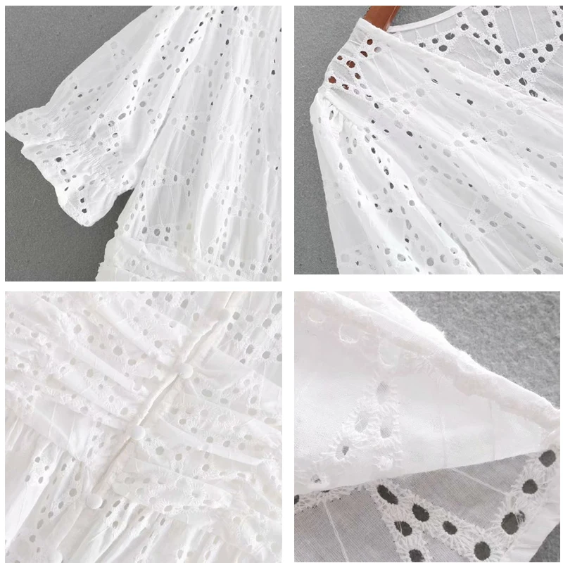 ROHOPO Summer Cotton White Pleated Dress Hollow Preppy Girl Cute Tunic Lace Buttons Fly Maxi Dress Embroidery Floral #CW9071