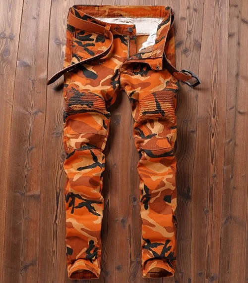 Мужские камуфляжные оранжевые байкерские джинсовые брюки мотоциклетные камуфляжные облегающие крутой модный дизайн тонкие армейские хип хоп джинсовые брюки - Цвет: Оранжевый