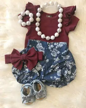 

2019 Toddler Kids Baby Girl Infant Clothes Romper Tops Flower Print Pants Headband Outfits 3Pcs Set