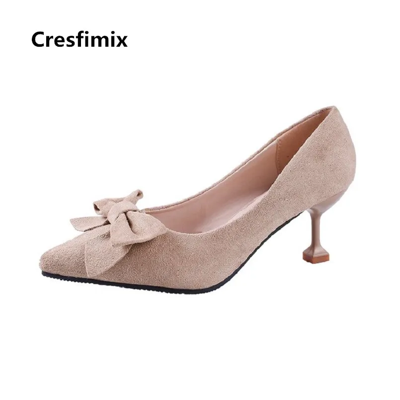 

Cresfimix femmes hauts talons women fashion high quality bow tie street shoes lady cute leisure beige office high heels c2625