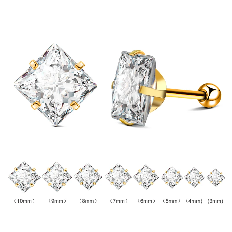 

Wholesale 10Pairs/Lot 316L Stainless Steel Screw Earring Clear Stud Earrings Brilliant Square CZ AAA Cubic Zirconia Sizes 3-10MM