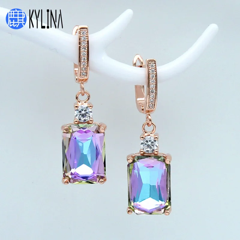 

KYLINA 2019 New Square Crystal 585 Rose Gold Dangle Earrings Korean Temperament Romantic For Women Wedding Party Fashion Jewelry
