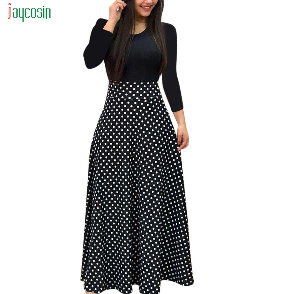 

Jaycosin Women's Long Sleeve Boho Print Long Maxi Dresses Dot O Neck Female Fashion Big Vestido Vestidos De Festa New