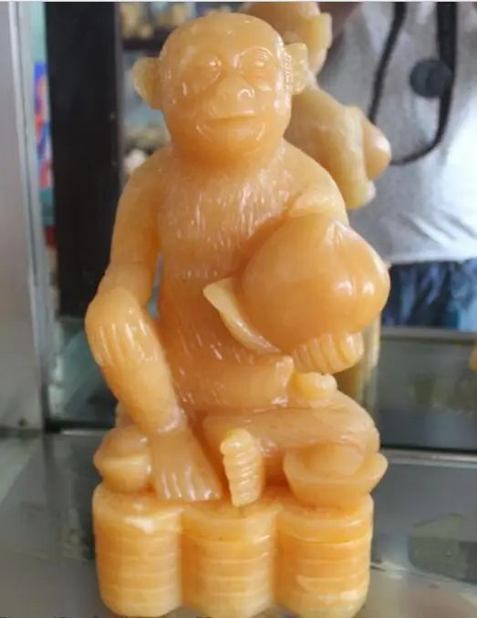 

14" Chinese Natural Yellow Jade Wealth Money Zodiac Year Monkey Peach Statue