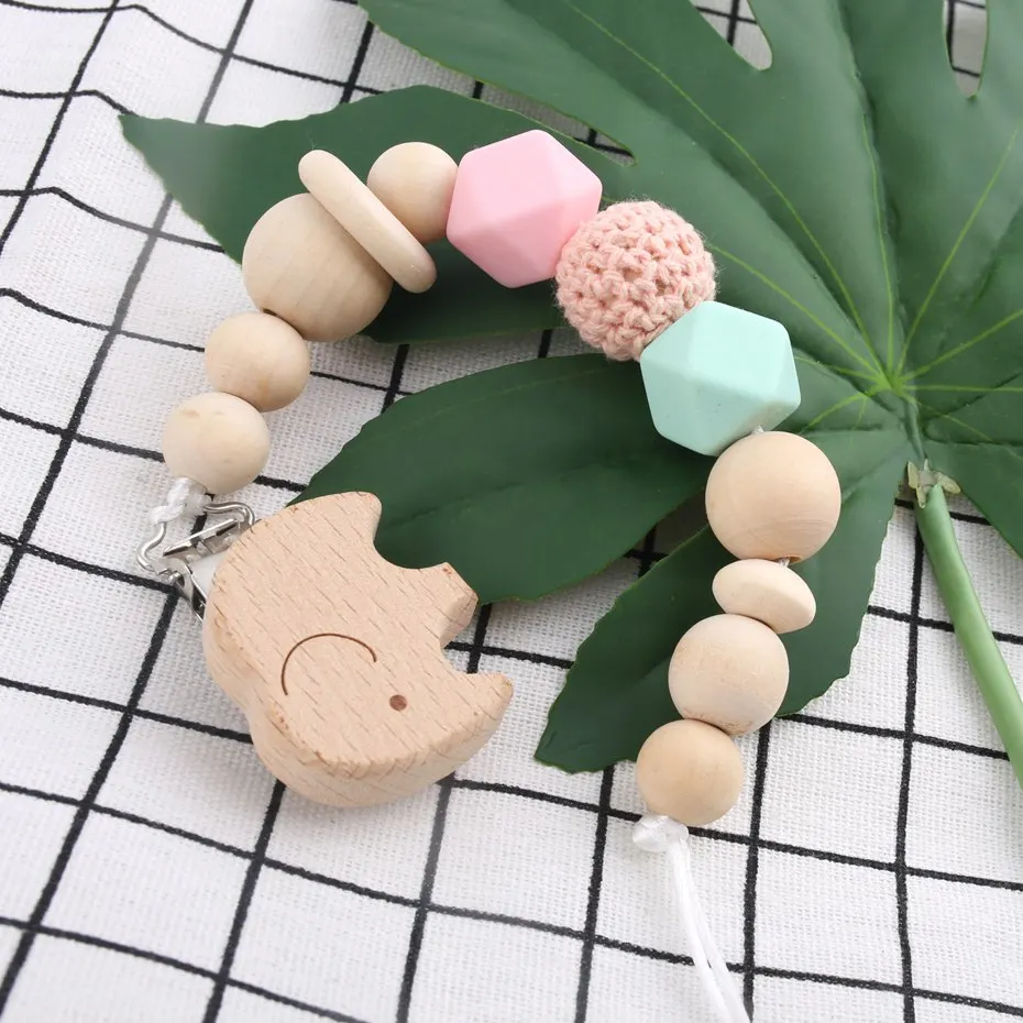 1PC Wooden Teether Elephant Soothe Pacifier Clip Breastfeeding Baby Nursing Accessories Organic Pacifier Chain Toys For Babies