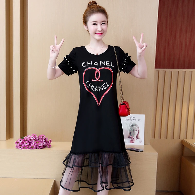 

Plus size summer dress female tshirt dress stitching mesh lace in the long dresses belly big belly belly women's printed dress