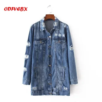 

Boutique Denim Jackets Women Holes Style Long Sleeve Vintage Jean jacket Denim Loose Brands Spring Autumn Denim Coat JeanODFVEBX