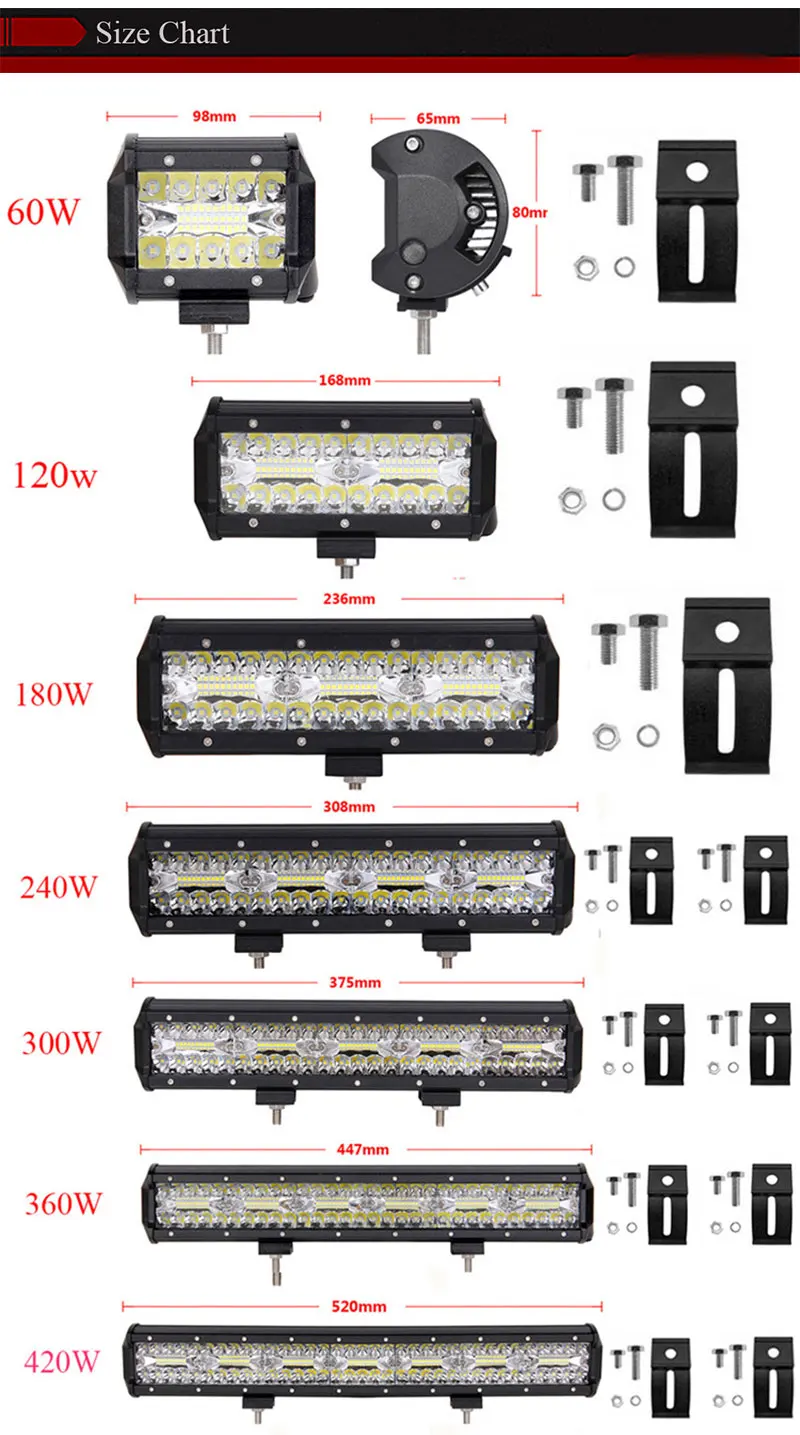 Barra de Luz de Trabalho 420w para Suv Levou 15 18 20 Polegada Tri Linhas 4x4 60 Carro Offroad w 120w 180w 240w 300w 360w Tractor 4 7 10 12 5 Barra de luzLuz de trabalho