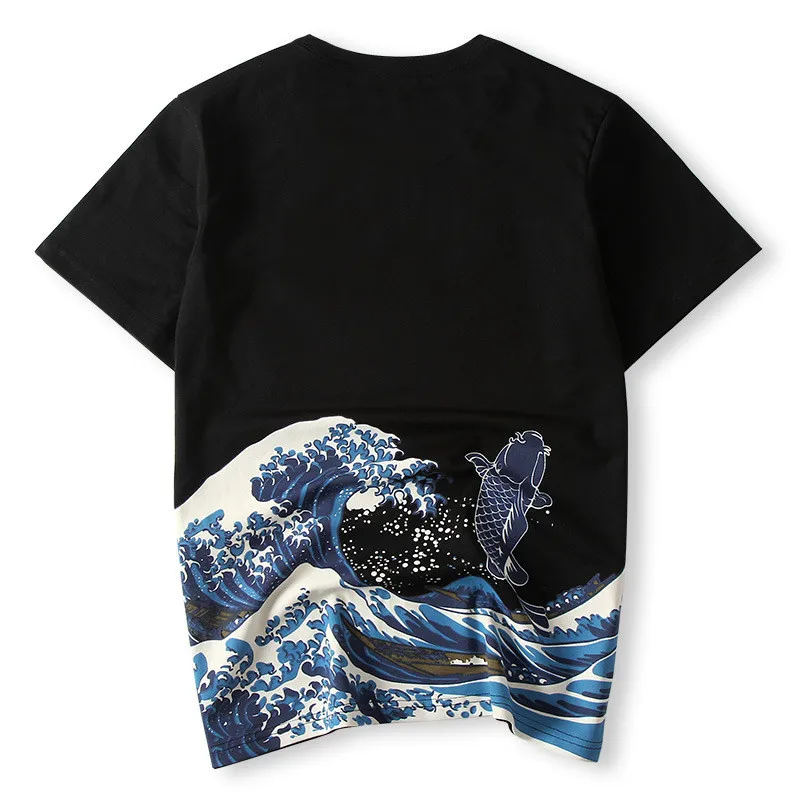 Miglior Di modo Nero Bianco T Shirt A Manica Corta 2018 Giapponese Ukiyoe Stile Onda Carpa pesce Magliette e camicette Magliette Streetwear T Shirt In Cotone