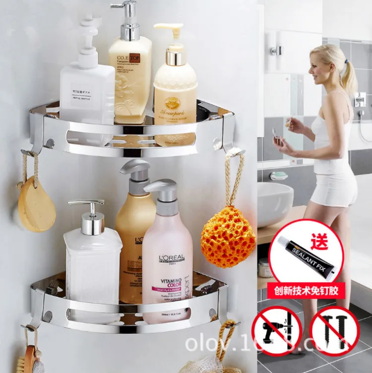 

High Quality Shower Corner Caddy Bathroom Shelf with Two Hooks Heavy Duty Stainless St Bath Storage Shelves Triangle Baskets