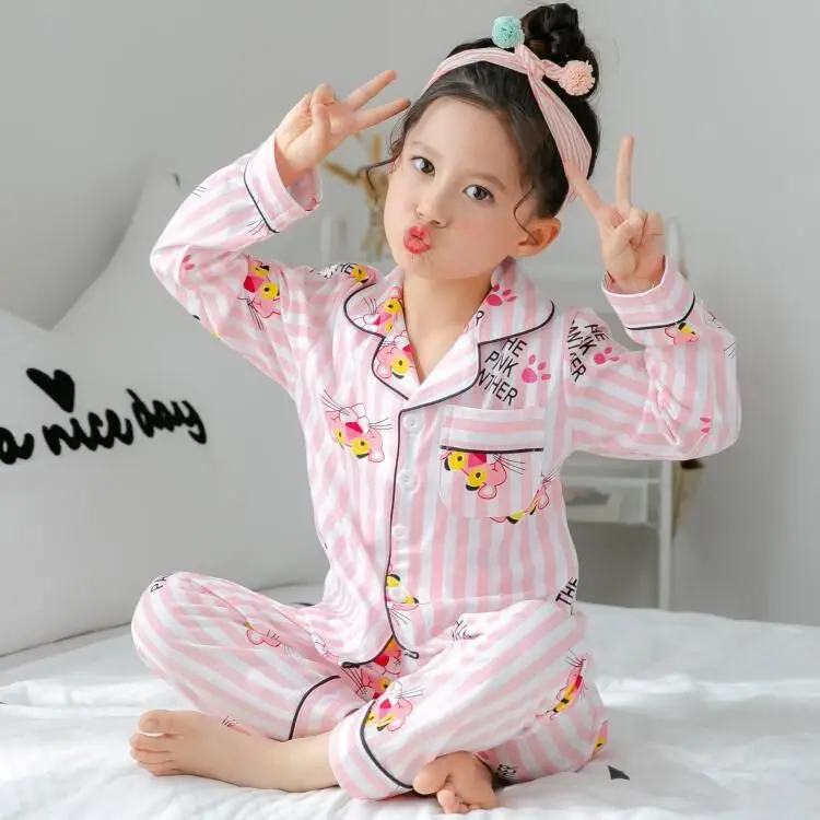 

2019 Spring and Autum Pajamas Suit for Children Long Sleeve Lapel Cardigan girls Clothing Kids Pajamas Set sleepwear