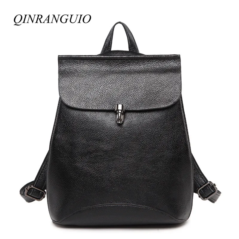 

QINRANGUIO Women Backpack High Quality Genuine Leather Backpack Cow Leather Black Travel Backpack Casual Mochila Feminina