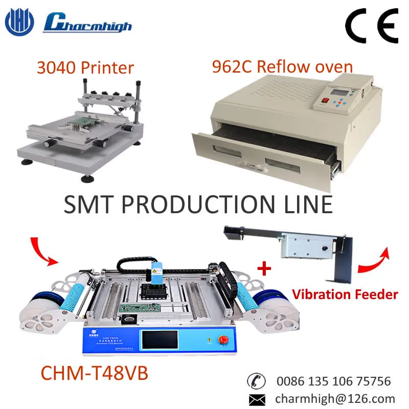 

Hottest SMT Production line: CHMT48VB pick and place machine, vibration feeder, 3040 Stencil printe, Reflow oven 962C, 110v 220v