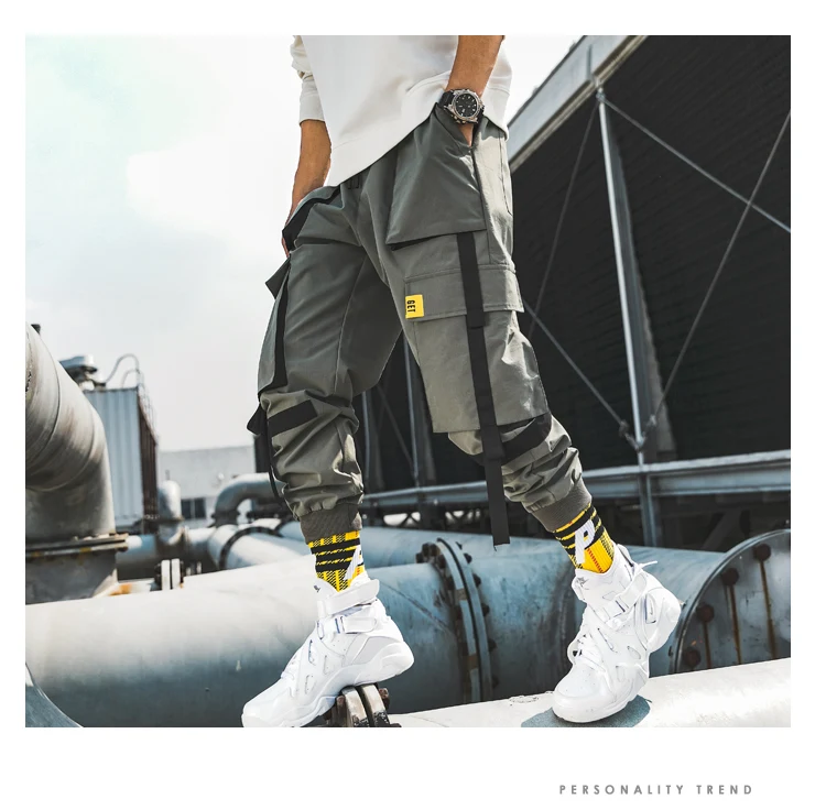 Мужская Уличная одежда в стиле хип-хоп с лентами, повседневные брюки, тонкие мужские штаны для бега с боковыми карманами, хлопковые камуфляжные мужские брюки ABZ405