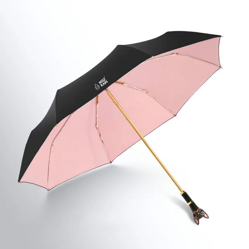 Кошачья голова зонтик ручка черный клей солнцезащитный Зонт женский складной прозрачный дождь двойного назначения зонтик против ультрафиолета U5U