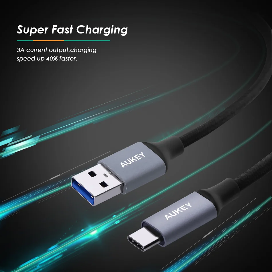 AUKEY de 3A USB tipo C Cable USB trenzado C teléfono móvil rápido de tipo-C Cable de cargador de datos para Samsung Galaxy S9 S8 Nota 8 Xiaomi USB-C