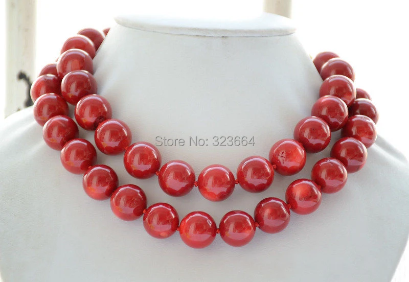 

Charming AA++ Real 16mm round red coral bead necklace 34inch