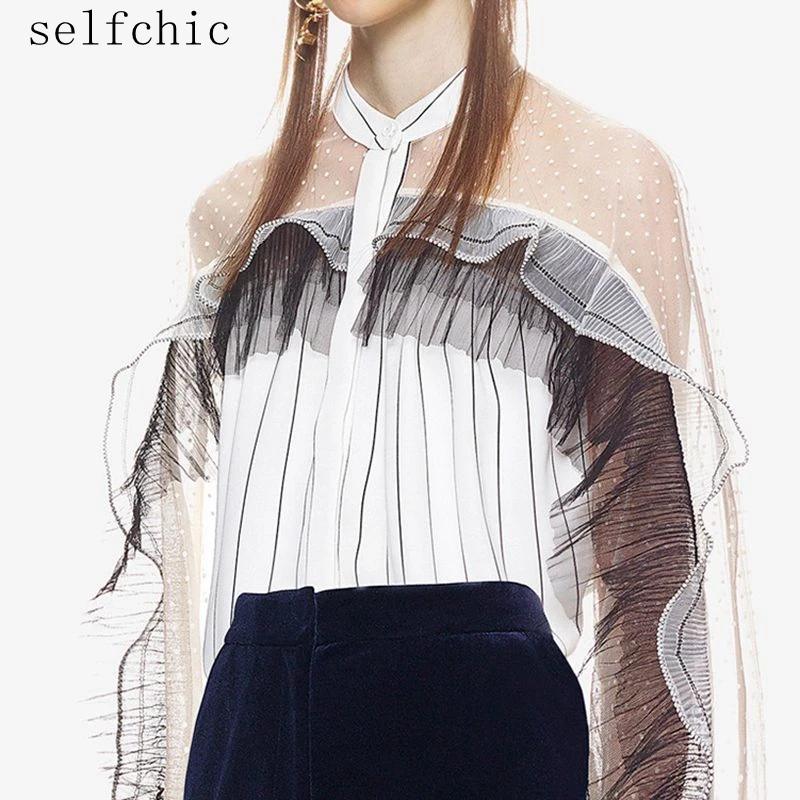 

Women Sexy See Through Blouses Runway White Striped Long Sleeve Sheer Tops