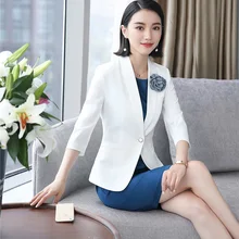 Мода белый блейзер Для женщин Бизнес костюмы платье и куртки Устанавливает Повседневная Обувь Офисная форма Стиль