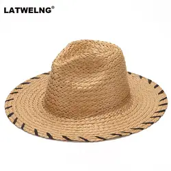 2019 Новая летняя шляпа Защита лица пляжная шляпа для женщин девочек соломенная шляпа от солнца Модные Джаз шапки с ветрозащитным поясом