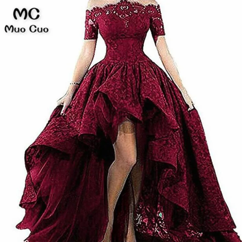 High Low Gown 2018 Off Shoulder Evening Dresses Long with Lace Short Sleeve Formal Evening Party Dress for Women