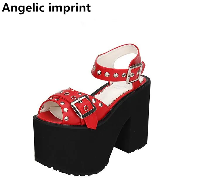 

Angelic imprint woman mori girl lolita cosplay punk shoes lady super high heels wedges pumps women princess summer red sandals