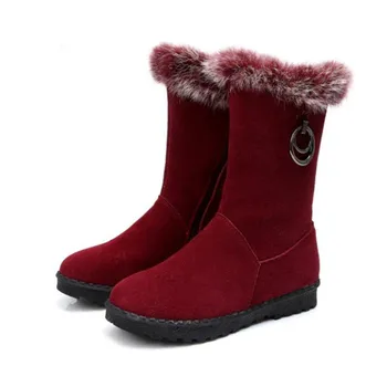 

2019 New Winter Plus Size Warm Comfort Snow Boots Rabbit Hair Matte Cowhide Leather In-tube Boots Fashion Flat Shoes Women Boots