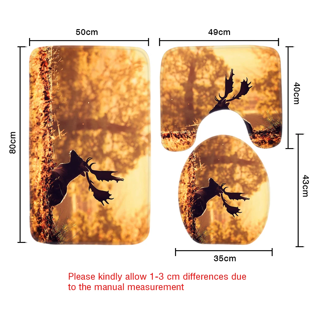 Комплект из 3 предметов, для ванной и туалета Комплект ковриков один олень лес узор нескользящий, для ванной коврик классический мультфильм Ванная комната набор ковриков