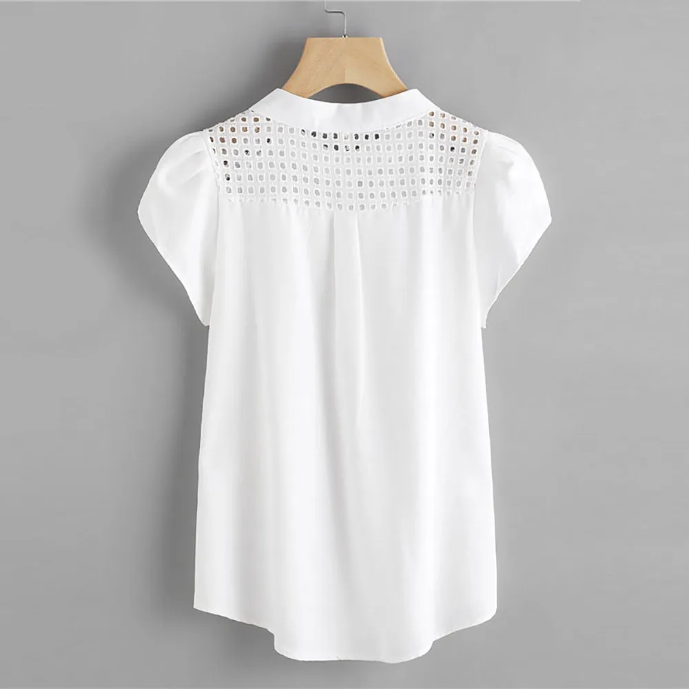 Hot Women Blouse Tops Summer Hollow Top Casual Loose Short Sleeve Solid V-neck Chiffon Blouses Female Shirts Vest Blusa