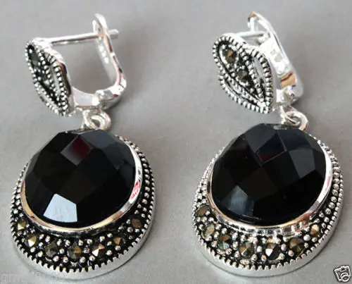 

Free shipping Vintage 925 Sterling Silver Natural Faceted Black stone Onyx Marcasite Earrings