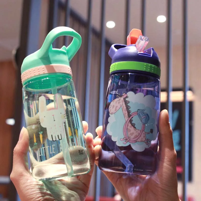 

Baby Feeding Cup Cartoon Plastic Solid Feeding Student Convenient Outdoor Child Sports Bottle With Straw 450ML