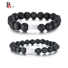 Повседневные браслеты из черной лавы с бусинами для мужчин и женщин, никогда не выцветает, бирка из нержавеющей стали, браслет на запястье, регулируемый размер