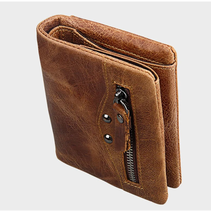 

cow genuine leather short men walletr vintage zipper coin pocket protection bank credit card anti rfid driver license purse sale