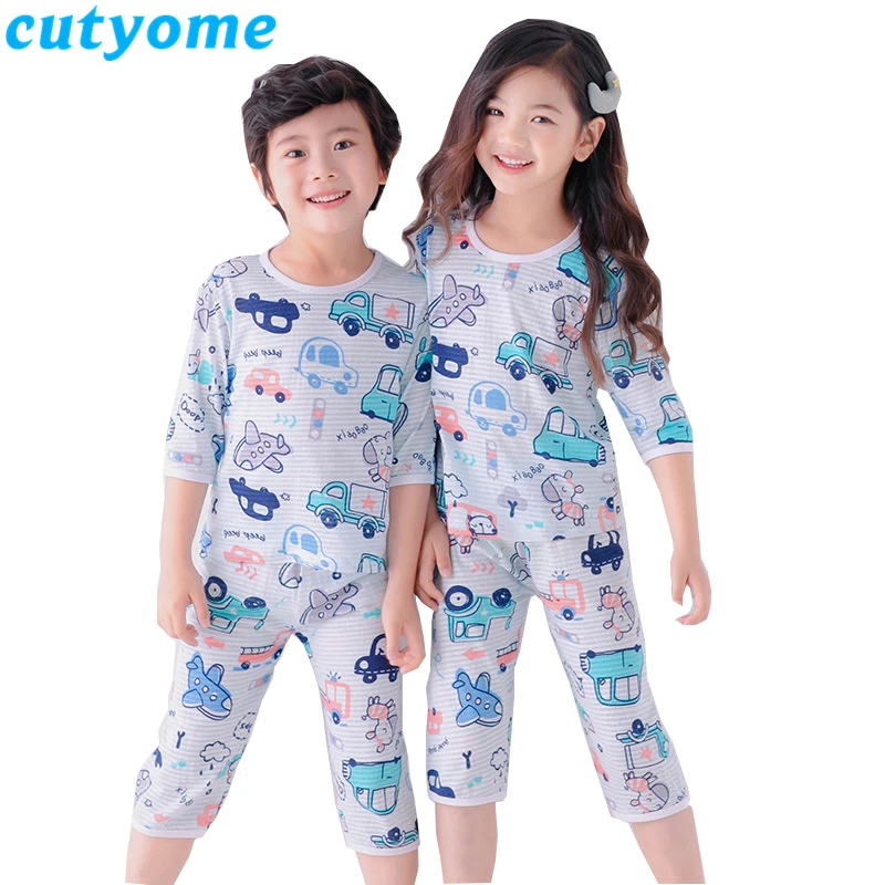 Милый Летний пижамный комплект для девочек, одежда для сна с рисунком кота, машины, совы, лисы, детские пижамы, комплект домашней одежды из 2 предметов для маленьких мальчиков 7-9 лет
