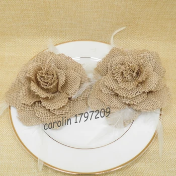 

8pcs Natural Jute Burlap Hessian Feather Flower with pin Hat DIY Craft rustic wedding centerpieces vintage wedding decoration