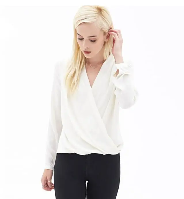 

2019 Female Sexy V Neck Loose Chiffon Blouse Skirt Women Summer Long Sleeve Office Tulle Blosues Tops