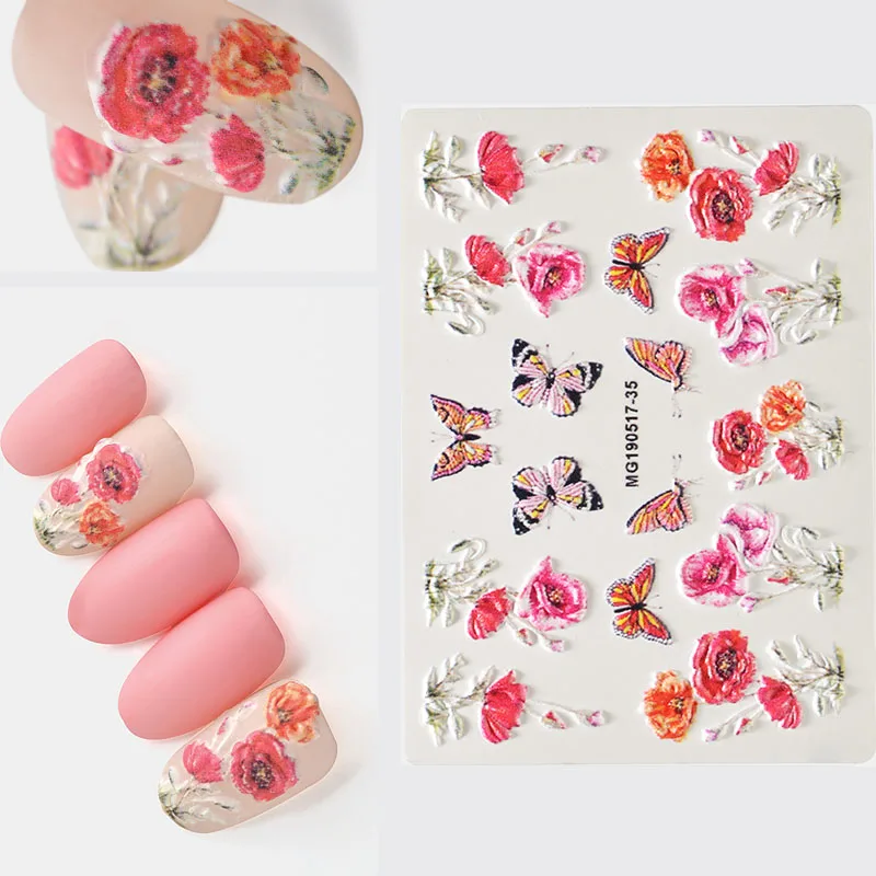

3D Acrylic Engraved flower Nail Sticker flower dragonfly leaves Water Decals Empaistic Nail Water Slide Decals Z0135