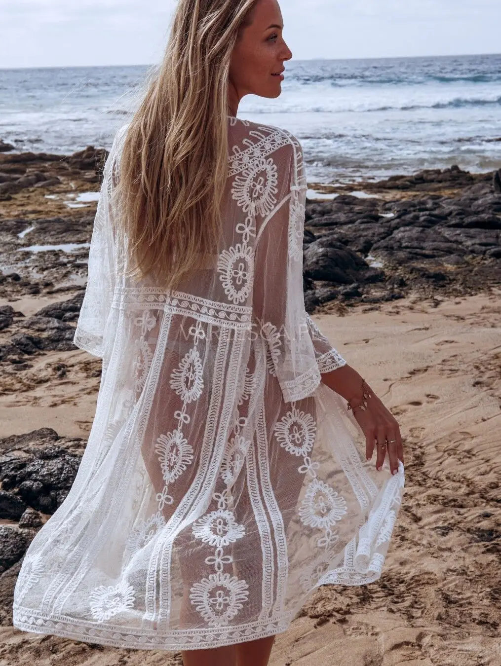 

Women Summer Beach Style White Lace Mesh Long Kimono Casual Sheer Bohomian Kimono Cardigan