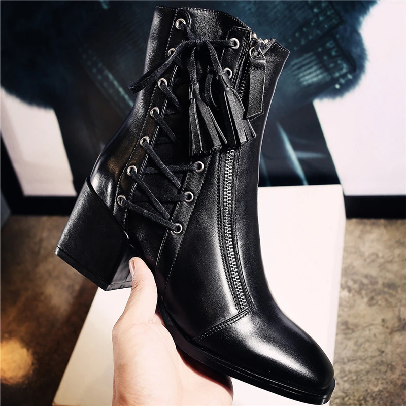 2017 Genuine Leather Chunky brand Boots Women Top Quality Ladies Luxury designers Booties Shoes Lace Up Gladiator Tassel Boots