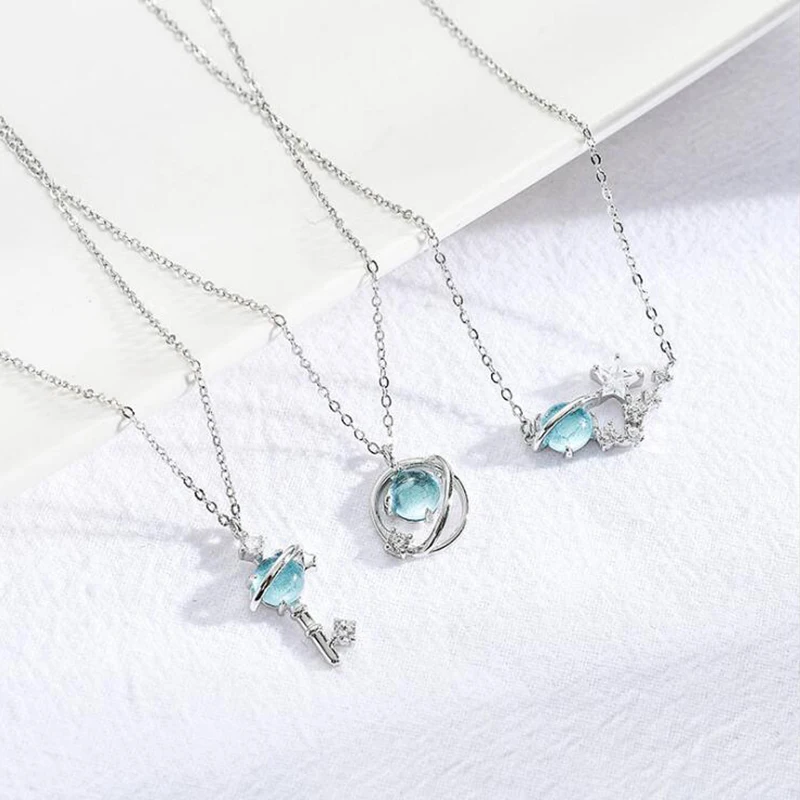 

Charm Blue Crsytal Planet Star Choker Necklace For Women Key Pendant Necklaces Female Bijoux Silver Color Chain Jewelry Gift